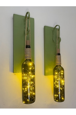 Led Işıklı Yeşil Ahşap Renkli Retro Şarap Şişesi Duvar Aplik 2'li Set Yeşil