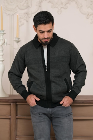 Woolen World Polo Yaka Fermuar Kapamalı Klasik Kesim Astarlı Desenli Çelik Örgü Hırka Antrasit