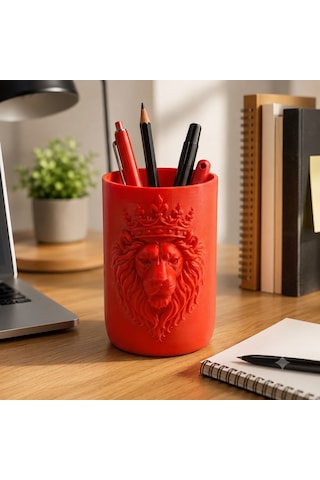 Aslan Figürlü Kalemlik Masaüstü Kalem Organizeri 10x6 Cm 3d Baskı Dekoratif Kalem Kutusu Ofis Ev Çalışma Masası Aksesuarı Kırmızı
