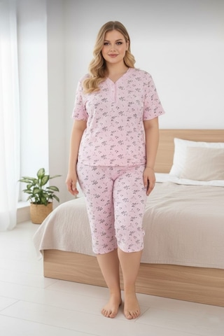 Eyfuze Kadın Büyük Beden Kısa Kollu Kapri Bambu Pijama Takımı Açık Pembe