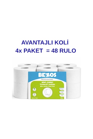 Bezos Professional Mini Jumbo Tuvalet Kağıdı 48 Rulo 2 Katlı %100 Selüloz Endüstriyel & Ev Tipi Kullanım 4x12rulo