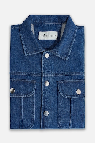 Tudors Unisex Relax Fit Rahat Kesim Denim Kot Kapaklı Çift Cepli Overshirt Ceket Tarzı Gömlek-33051 Lacivert