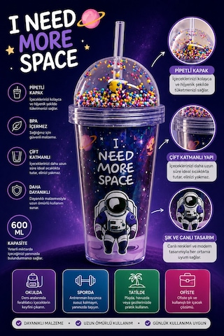 Lively Pipetli Çift Katmanlı Bardak 600 Ml Astronot Desen Mor - 903311430 Mor