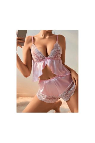 Lily Bianca Nightwear Dantel Detaylı Saten Alt Üst Takım Gecelik Pembe