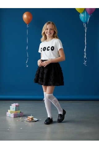 Zekids Kız Çocuk Tasarım Çiçek İşlemeli Etekli Takım-16525 Beyaz Siyah