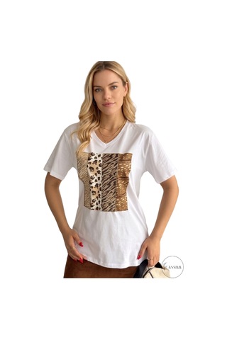 Cassime Kadın Leopar Desenli %100 Pamuk Büyük Beden Beyaz T-shirt