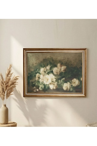 Gold Çerçeveli Vintage Dekoratif Beyaz Gül Tablo 60x80 Cm