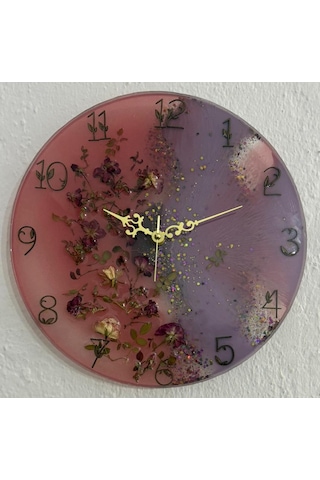Pelince - Pembe Mor Tomurcuk Güllü Epoksi Duvar Saati Özel Tasarım - Tek Üretim - 30 Cm Pembe
