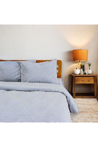 Çift Kişilik %100 Pamuk İnce Çizgili Nevresim Takımı | Lacivert & Beyaz | 4 Parça | Yumuşak Dokulu Lacivert - Beyaz