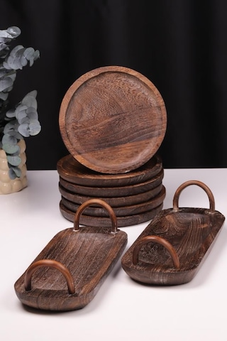 Bambum 8 Parça Pavlonya Obsidian Ahşap Sunum Seti Yuvarlak Ve Dikdörtgen Ayaklı Servis Tabaklar Ahşap