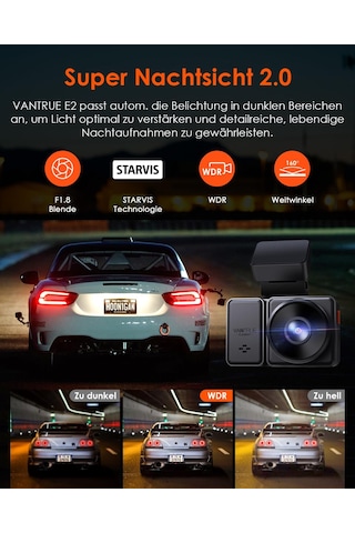 Vantrue E2 2.7k+2.7k Araç Kamerası Araç Ön Arka 5ghz Wifi 9mb/s Gps, Uzaktan Kumanda Sesli Komutlar Araç Kamerası Çift 1944p/1440p Wdr Gece Görüş Tampon Park Modu Araç Kamerası, 2,45'' 320 G Sensör, Maks. 512 Gb