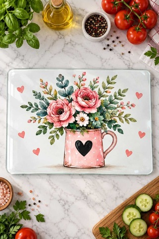 Gökçeoğlu Cam Kesme Tahtası Pembe Kupada Çiçek Temalı - Cam Kesme Tablası 30cm X 40cm Çok Renkli