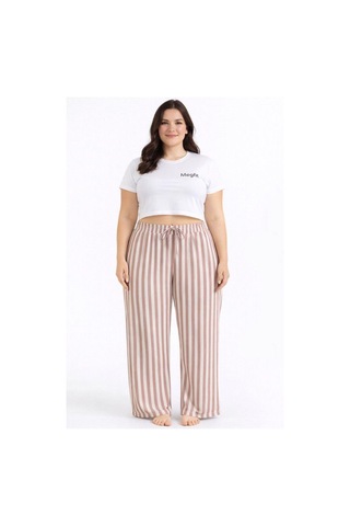 Viskon Pamuklu Kadın Büyük Beden Gül Kurusu Çizgili Pijama Pantolon - Mgb003 - Mudanis