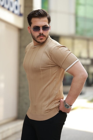 Etiler Collection Erkek Bisiklet Yaka Çizgi Desenli Ribanalı Kısa Kollu Tshirt Altın