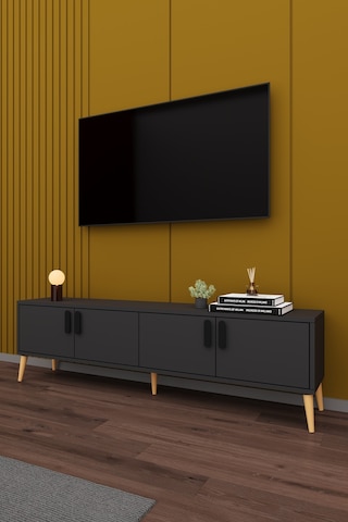 Asra Trend Tv Ünitesi T-04 %100 MDF 160 cm Tv Sehpası 4 Kapaklı Raflı Koyu Gri