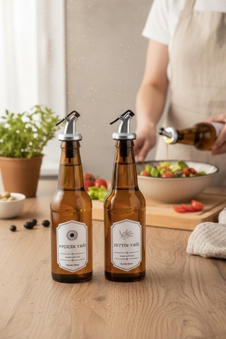 Cam Yağlık - 2 Li Pratik Kapaklı Yağlık 350 Ml. Yağdanlık Kahverengi
