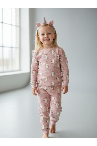Kız Çocuk Pamuklu Baskılı Pijama Takımı-16834 Mor