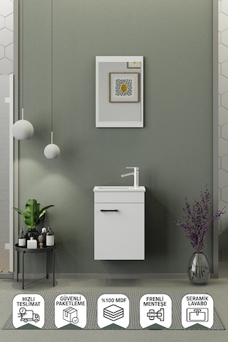 Biani Fix Arya Mini 42 Cm Banyo Dolabı,Seramik Lavabolu, Aynalı,Lavabo Dahil,Mdf,Mat Beyaz