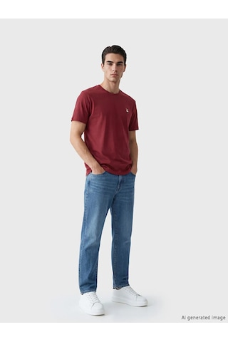 Lc Waikiki Bordo Bisiklet Yaka Ayı Teddy Nakışlı Erkek Tişört