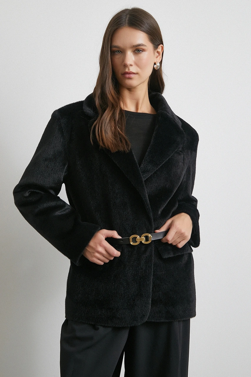 Kemerli Tay Flock Ceket Siyah Siyah