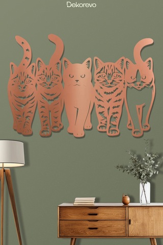 Kedi Çetesi Beşli Kedi Silüeti Metal Duvar Dekoru - Metal Duvar Sanatı - Bronz - 75 X 50 Cm