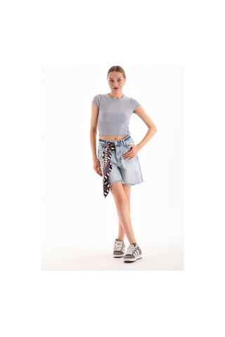 Kadın Likralı Kısa Kol Crop Bluz Gri