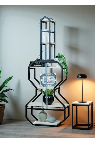 Dekoratif Siyah Metal Kitaplık Beyaz Ahşap Raflı Gitar Ünite