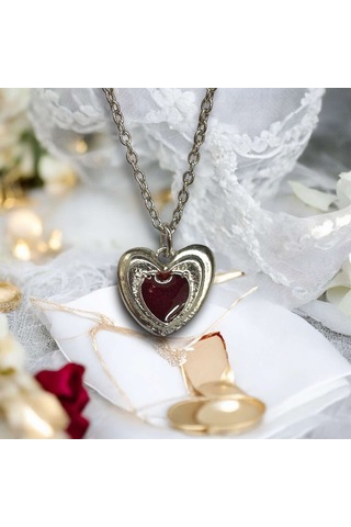 Kalp Mineli Kadın Detaylı Kırmızı Gümüş Kolye 60 Cm Zincir Çok Renkli