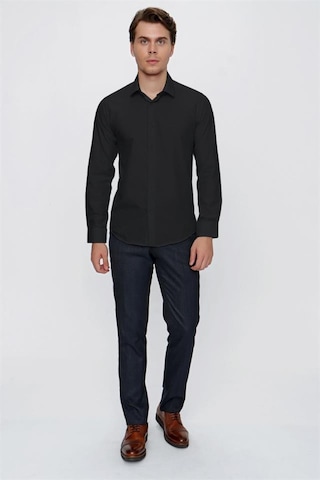 İmza Siyah Uzun Kol Düz Bez Ayağı 041 Sert Yaka Basic Slim Fit Gömlek 1004245057 Siyah