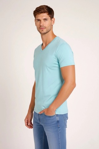 Barlashive Erkek Body T-shirt V Yaka Slim Fit Likralı Kısa Kol Tişört - Turkuvaz Çok Renkli