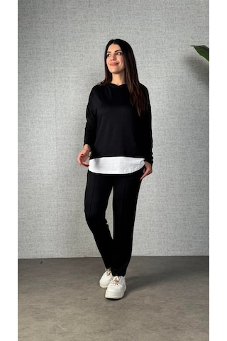 S-pazarım Kadın Uzun Kollu Kapşonlu Bağcıklı Viskon Iki Iplik Bluz Ve Pantolon Ikili Takım Siyah
