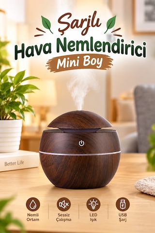 Şarjlı Led Işıklı Ultrasonik Hava Nemlendirici Buhurdanlık Ev Ve Araç İçin Usb Port Ceviz Renk Mini Boy Aromaterapi Difüzör