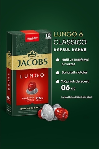 Jacobs Lungo 6 Classico Kapsül Kahve 10 X 10 Paket 100 Adet Nespresso Uyumlu