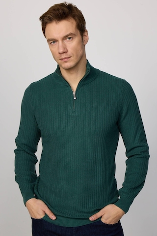 Tudors Slim Fit Dar Kesim Dik Yaka Fermuarlı Desenli Yeşil Erkek Triko Kazak-28925 Yeşil