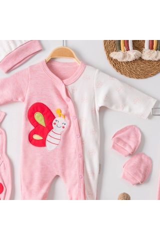 Candar 3 Ay Kelebek Nakış Tulumlu Kız Bebek 5'li Set Pembe