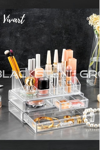 Şık Tasarım Büyük Boy 3 Çekmeceli Makyaj Ve Kozmetik Düzenleyici Organizer Set Şeffaf Tek Ebat Çok Renkli