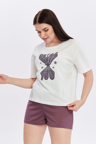 Bella Dossi Pamuklu Kısa Kollu Baskılı Kadın Şortlu Yazlık Pijama Takımı Mürdüm Beyaz Beyaz - Mürdüm