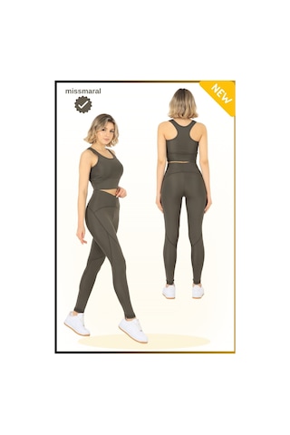 Missmaral Slim Fit Yüksek Bel Toparlayıcı Haki / Khaki Spor Tayt Flatlock Dikiş Detaylı Fit Tasarım Oslo 1090 Haki