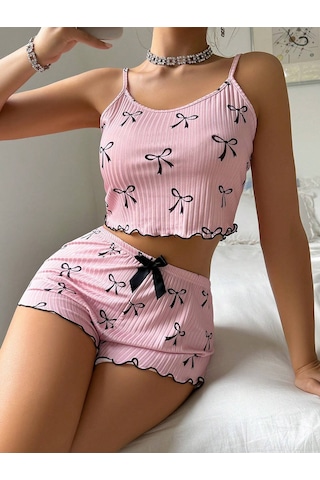 Melonika Pembe Fiyonklu Askılı Şortlu Kadın Pijama Takımı, Yumuşak Kumaş, Şık Detaylar,yazlık Kadın Pijama Çok Renkli