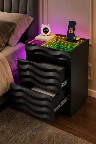 Komodin 3d Led Işıklı Kumandalı Rgb Ledli Modern - Siyah Renk