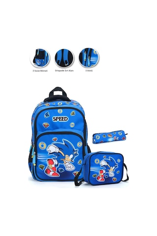 Speed Sonic Okul Çantası + Beslenme + Kalemlik Super Sonic Çanta İlkokul Çantası Sırt Çanta