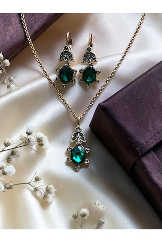 Oval Kristal Taşlı Kolye Ve Küpe Seti Yeşil