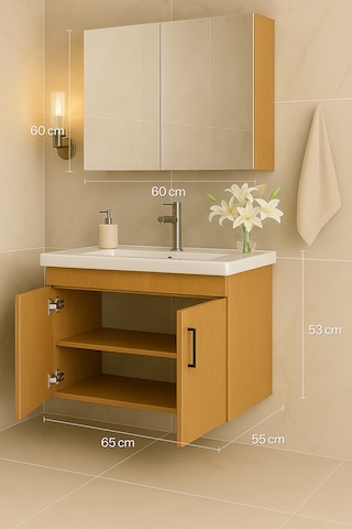 Luna 65 Cm Ahşap Camlı Üst Modül Ve Seramik Lavabolu, Mdf Banyo Dolabı Takımı Ahşap