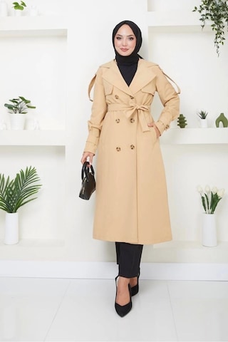 Kruvaze Yaka Bondit Kumaş Trençkot / M0106 - Camel Metalik Camel