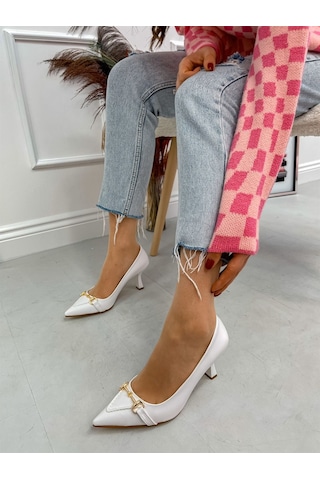 Ervanın Butiği Beyaz Cilt (MossCross) Toka Detay Kadın Stiletto