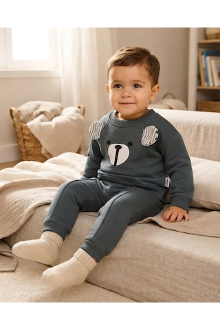Minaminokids Alt Üst Takım Erkek Bebek Füme Renk Kışlık Baskılı Ayı Detaylı