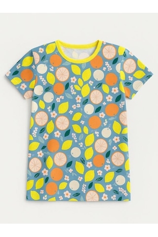 Kız Çocuk Pamuklu Meyve Desenli Kısa Kol Pijama Takımı-16027 Mavi