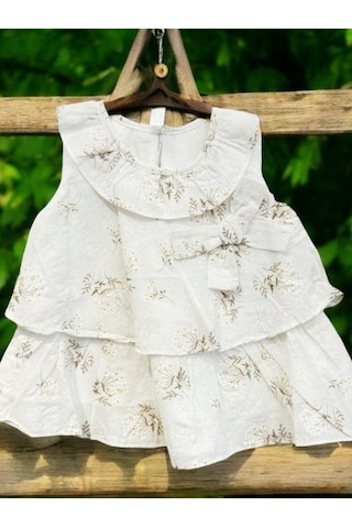Çikoby Kız Bebek Pamuklu Çiçek Desenli Katlı Fırfırlı Elbise-14539 Ekru