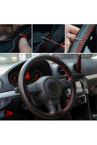 Direksiyon Kılıfı Deri Dikişli Yumuşak Kokusuz Dikmeli Noktalı - Kırmızı