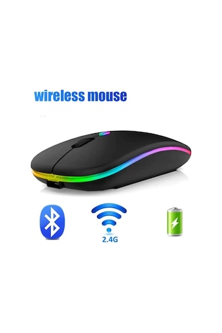 Plentiful Rgb Işıklı Şarjlı Kablosuz 2.4g+bluetooth Mouse Sessiz Siyah